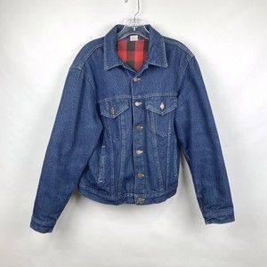 VTG Steel Mens 42 Denim Jean Jacket Buffalo Plaid Flannel Lined Trucker USA Coat